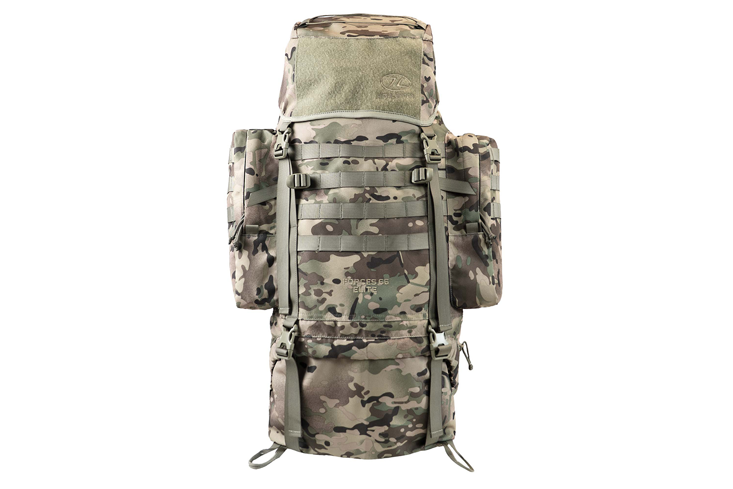 Highlander Forces 66 Elite Rucksack im Tarnmuster mit Seitentaschen, MOLLE-Gurtband und verstellbaren Trägern.