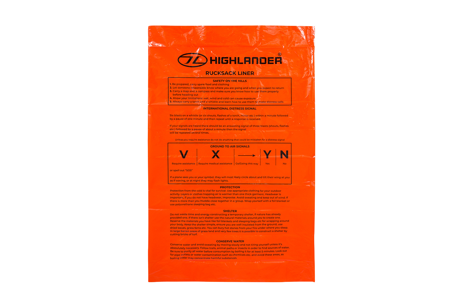 Highlander-Rucksackfutter in leuchtendem Orange mit aufgedruckten Überlebensanweisungen und Boden-Luft-Notsignalen.