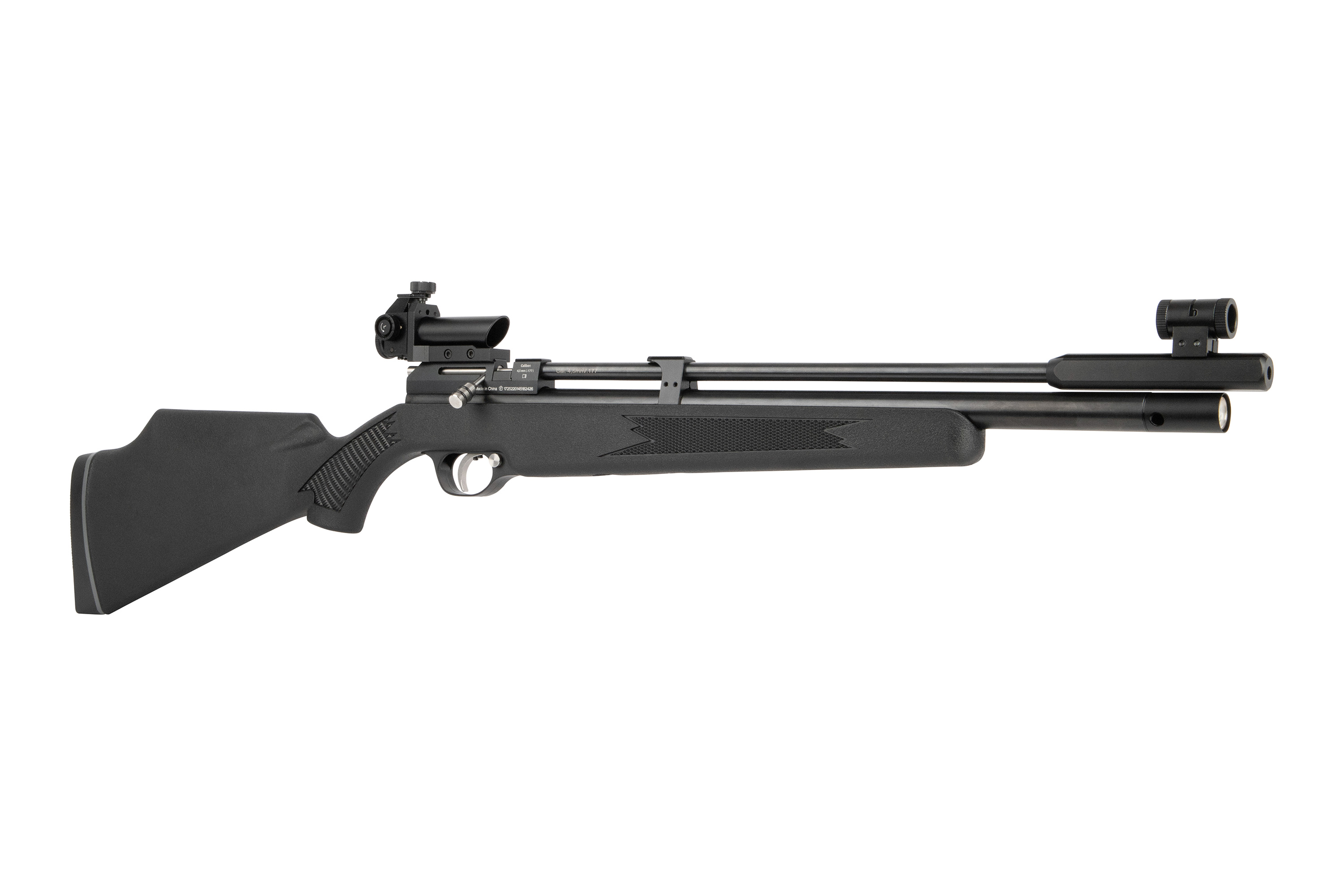 DIANA Stormrider Sport 4,5 mm PCP-Luftgewehr in Schwarz mit Polymerschaft, Dioptrienvisier und Stahllauf auf Weiß.