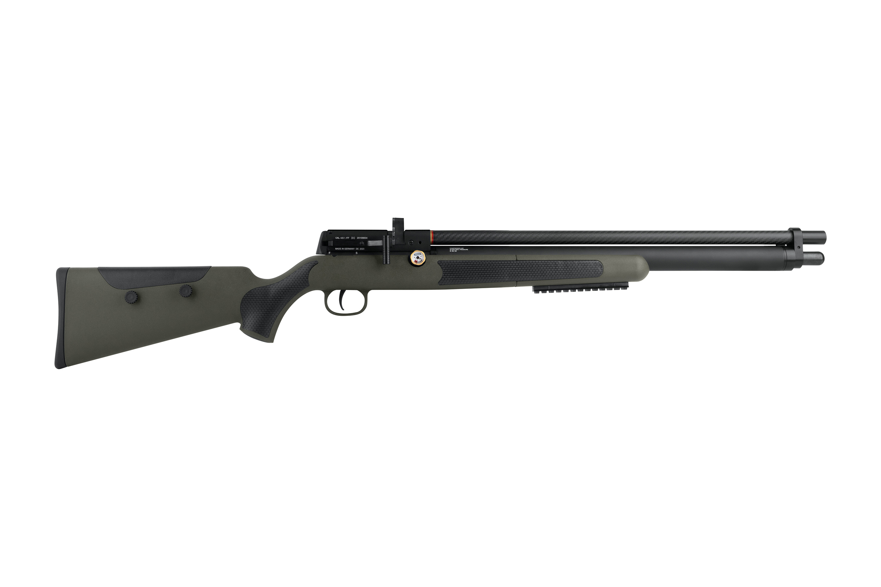 Walther Reign M2 PCP Luftgewehr in Olivgrün mit schwarzem Kohlefaserlauf, Seitenhebel und taktischem Design.