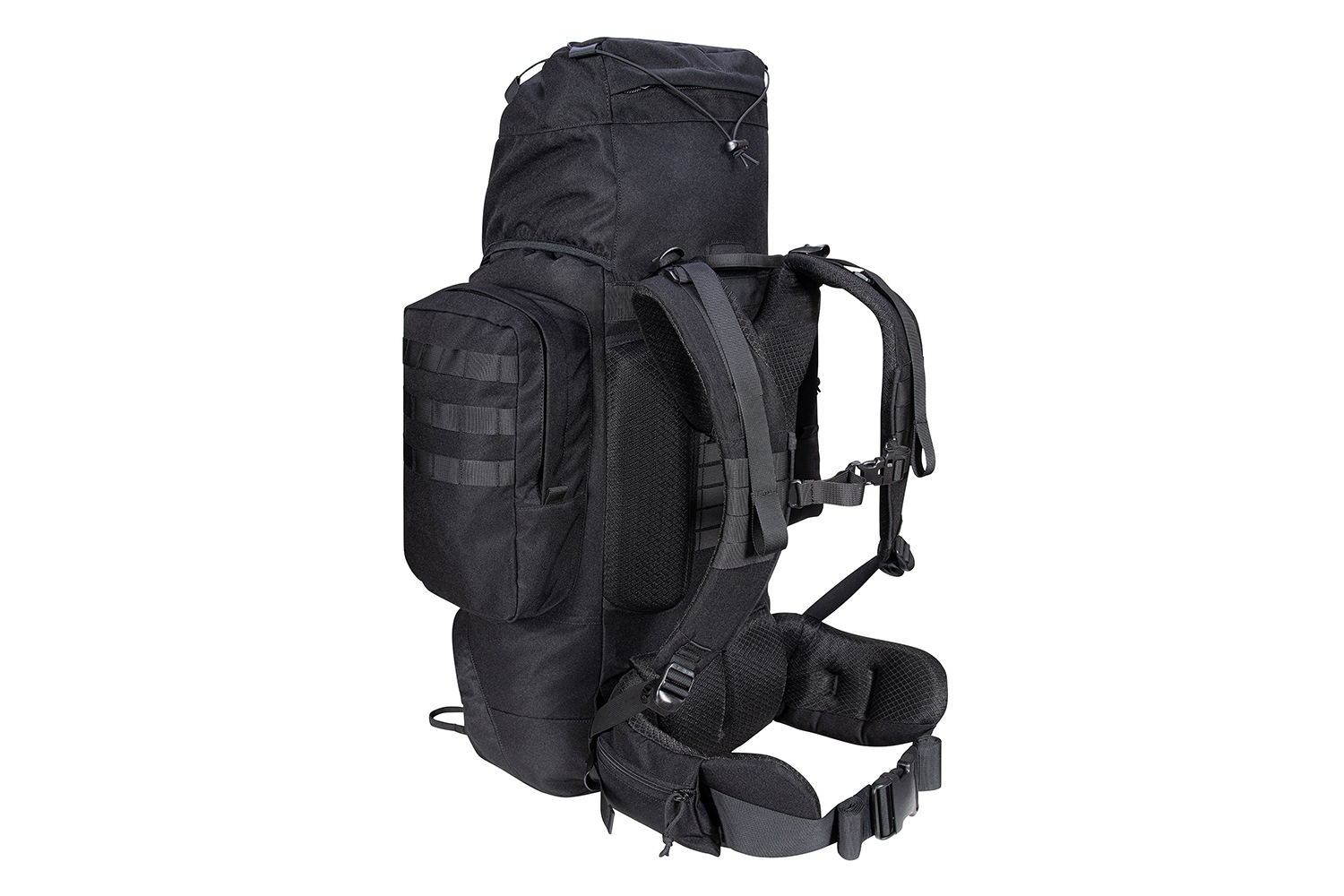 Ein schwarzer taktischer Rucksack mit verstellbaren, gepolsterten Schultergurten, einem Hüftgurt und MOLLE-Gurtband für Outdoor-Ausrüstung.