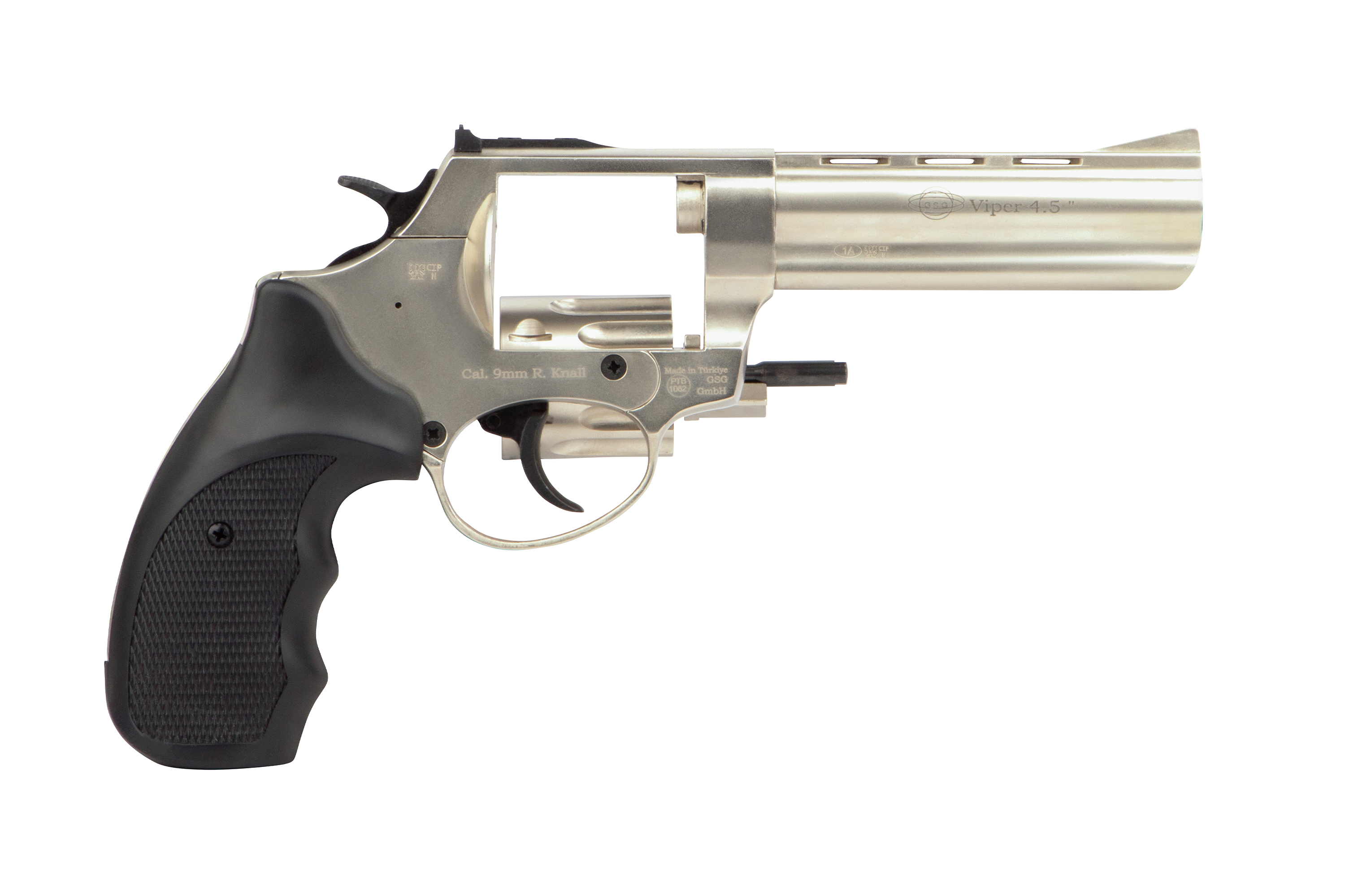 GSG Viper 4,5-Zoll-Revolver mit Blankofeuerung in silberner Ausführung mit schwarzem, strukturiertem Griff, isoliert auf weißem Hintergrund.