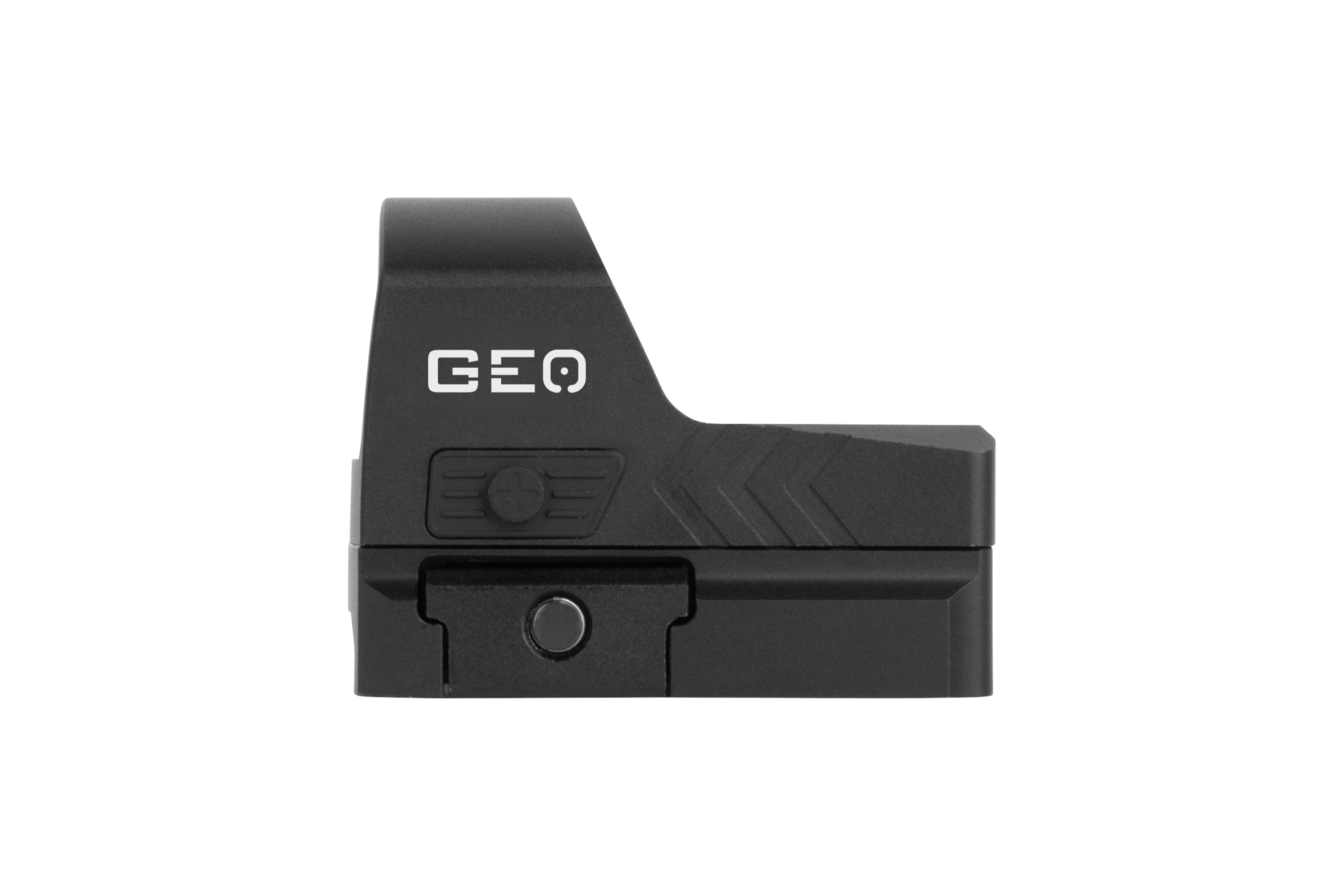 Seitenansicht eines schwarzen GEO-Reflex-Leuchtpunktvisiers mit kompaktem, robustem Gehäuse und integriertem Montagesockel.