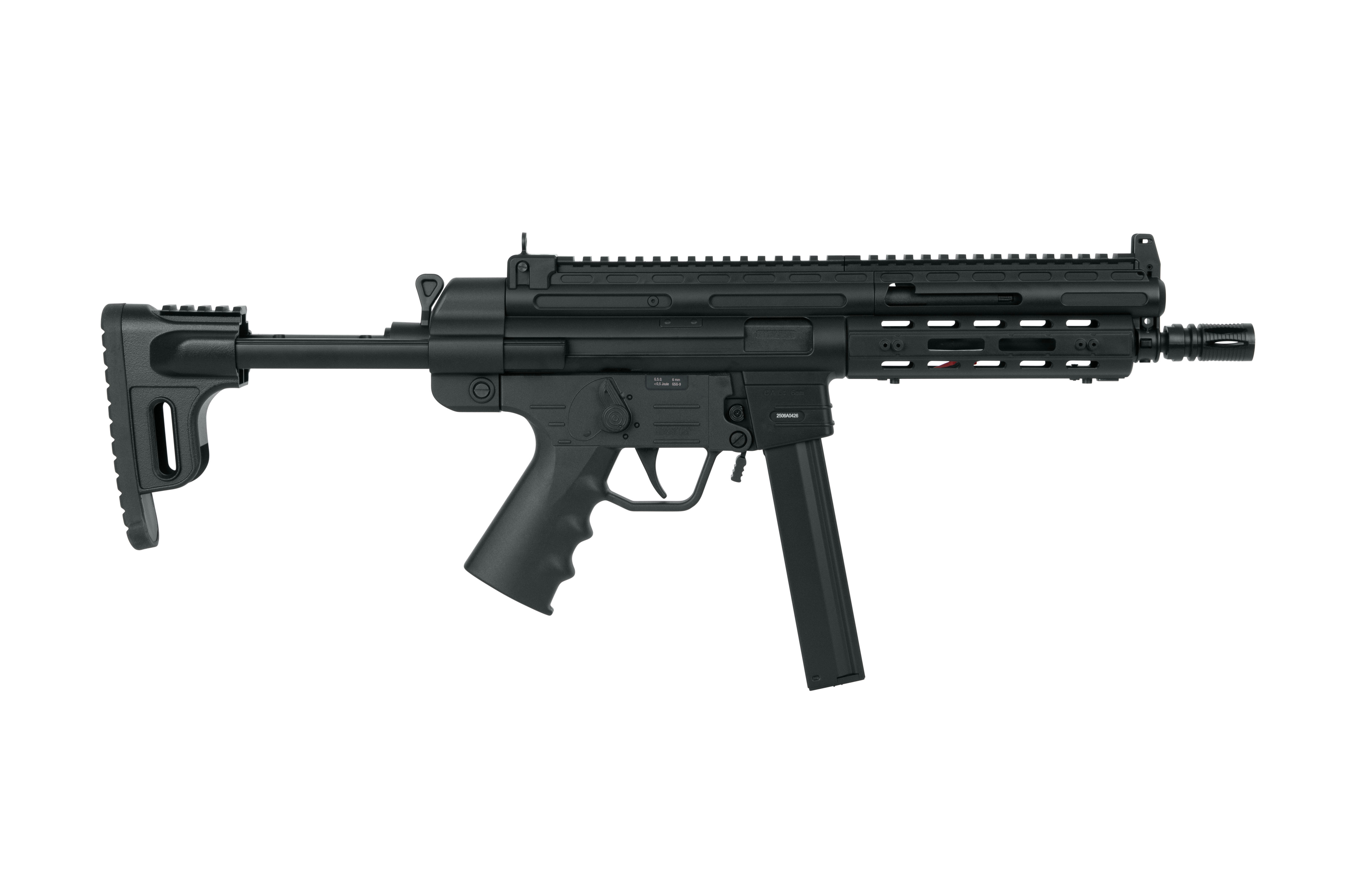 Schwarzes Luftgewehr mit verstellbarem Schaft und taktischer Schiene für Zubehör, ideal für Schießbegeisterte.