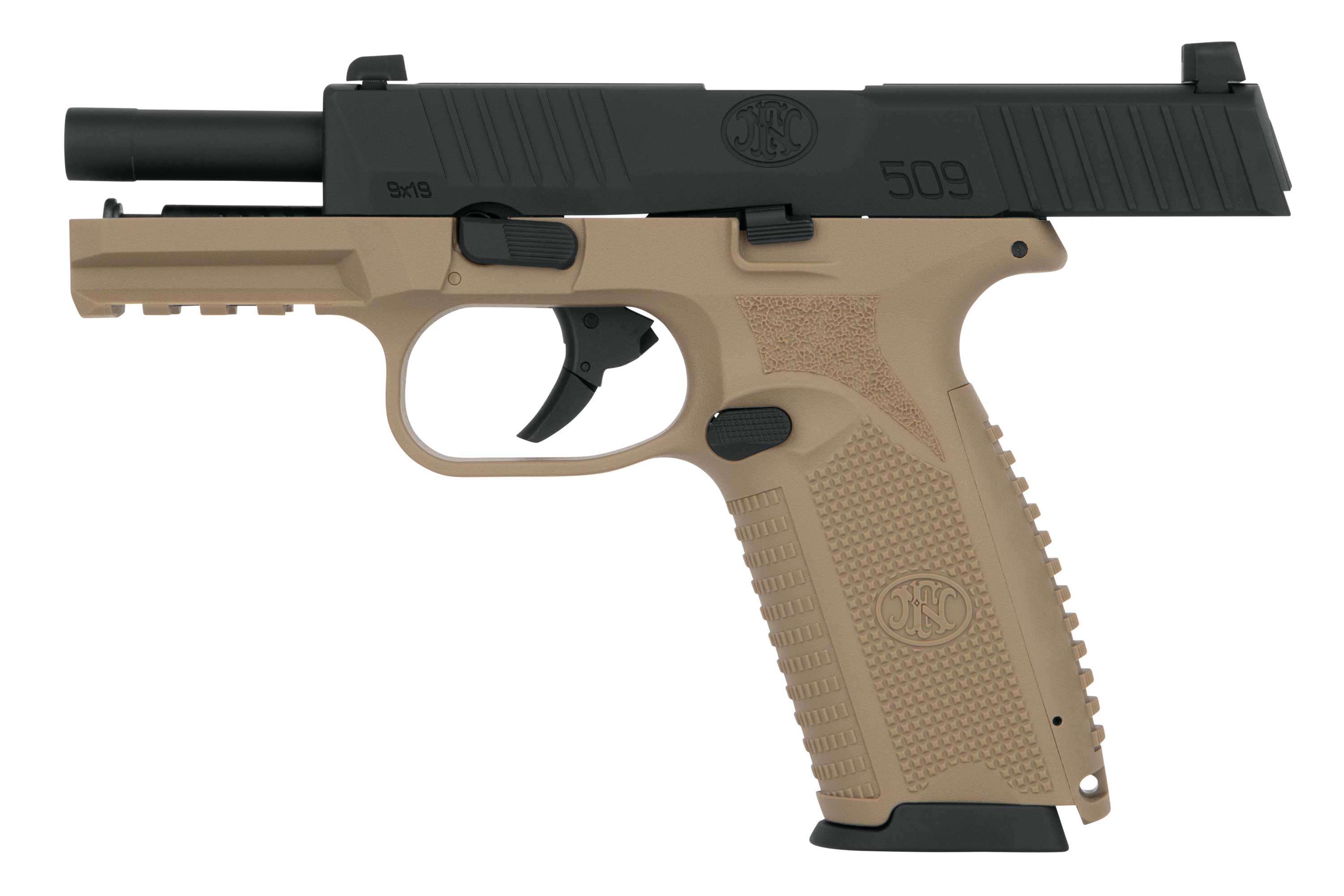 Taktische Luftpistole FN 509 in flacher dunkler Erdfarbe mit schwarzem Schlitten und strukturiertem Griff.