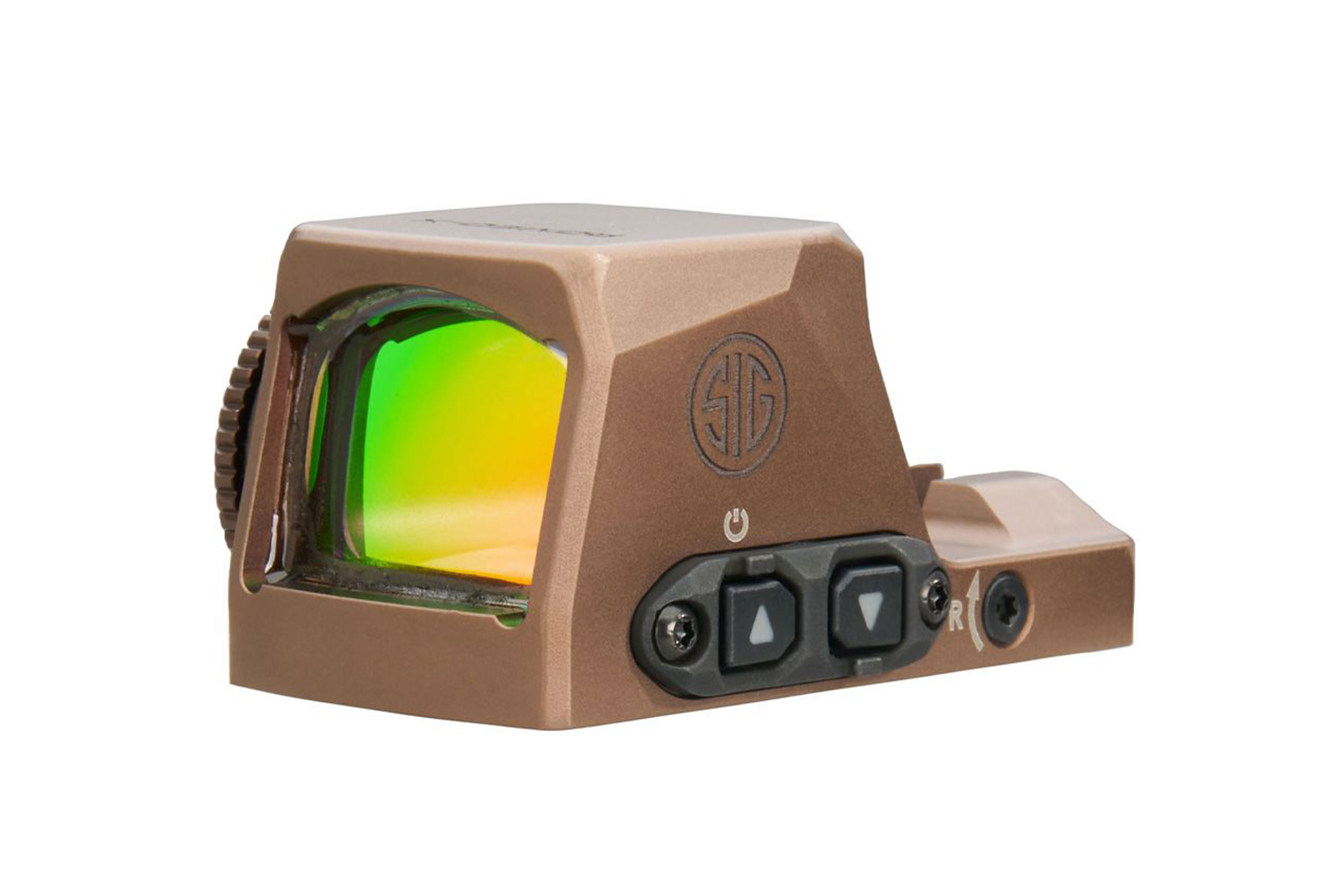 Sig Sauer ROMEO-X Pro Leuchtpunktvisier in Bronze-Finish mit grüner Linsenbeschichtung, Seitenknöpfen und weißem Logo-Branding.