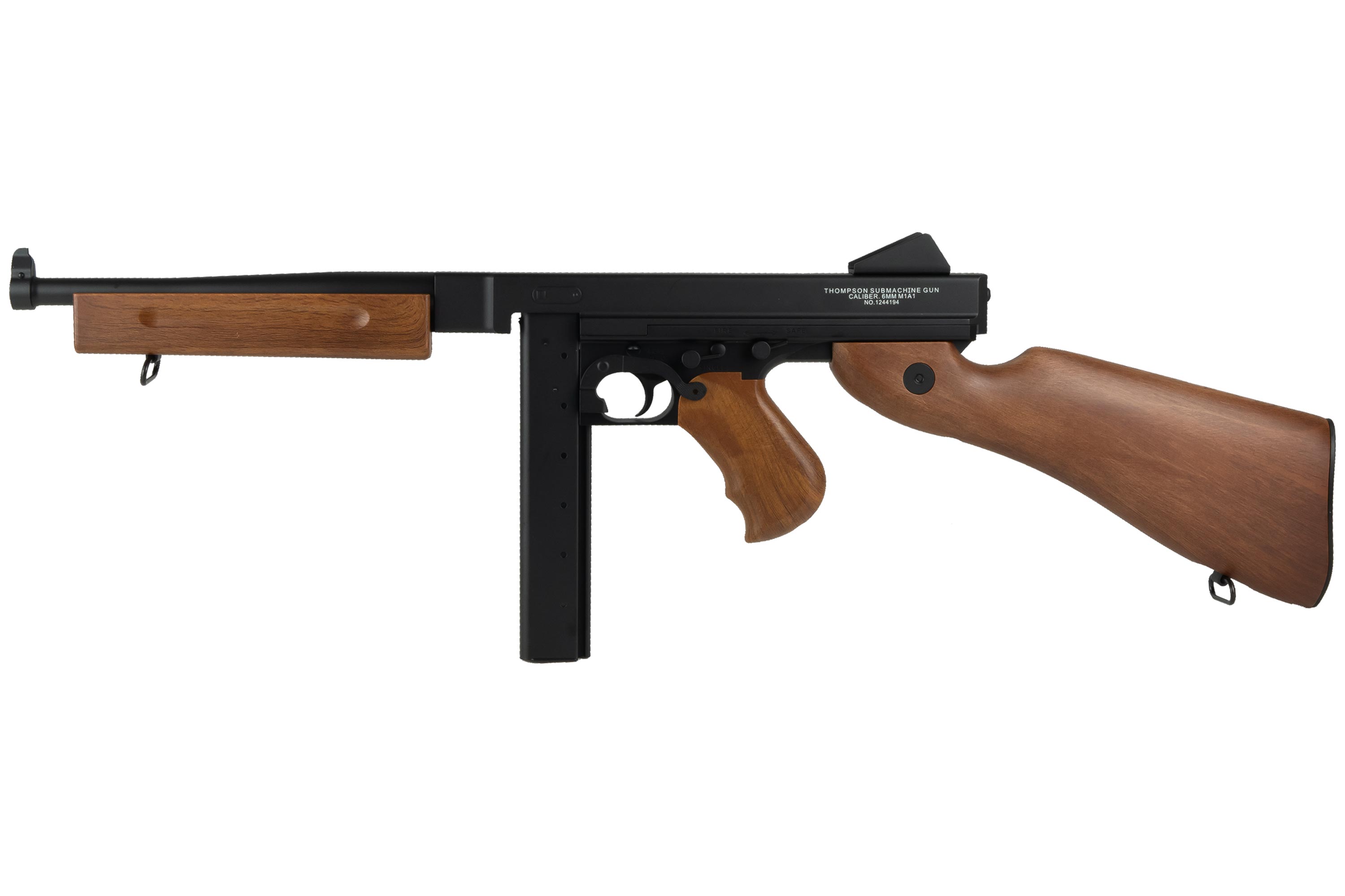 Thompson M1A1 Maschinenpistolen-Luftgewehr mit schwarzem Metallfinish und realistischem Holzschaft, Griff und Handschutz.