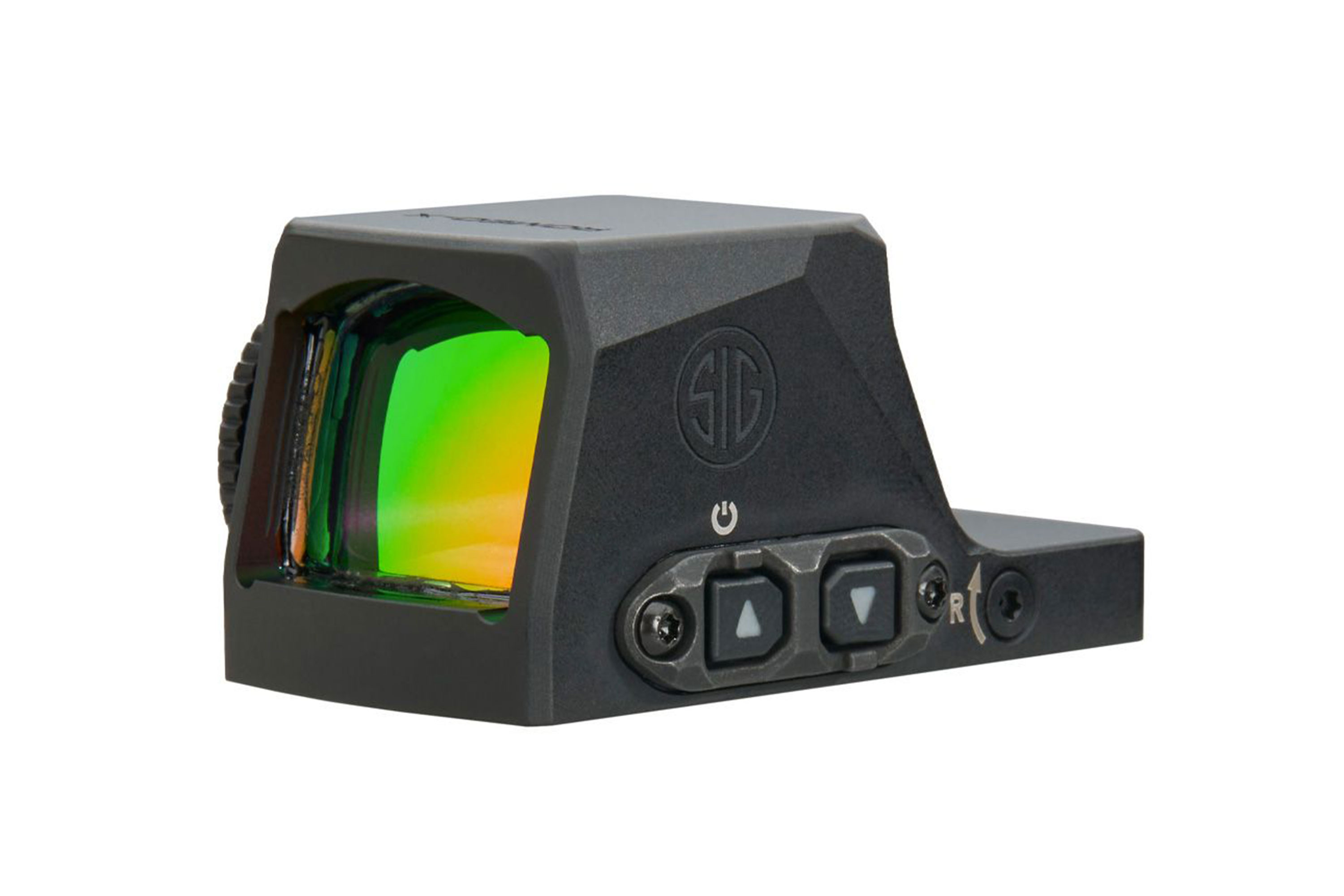 SIG Sauer-Reflexvisier mit grüner Linse und einstellbaren Bedienelementen für präzises Zielen.