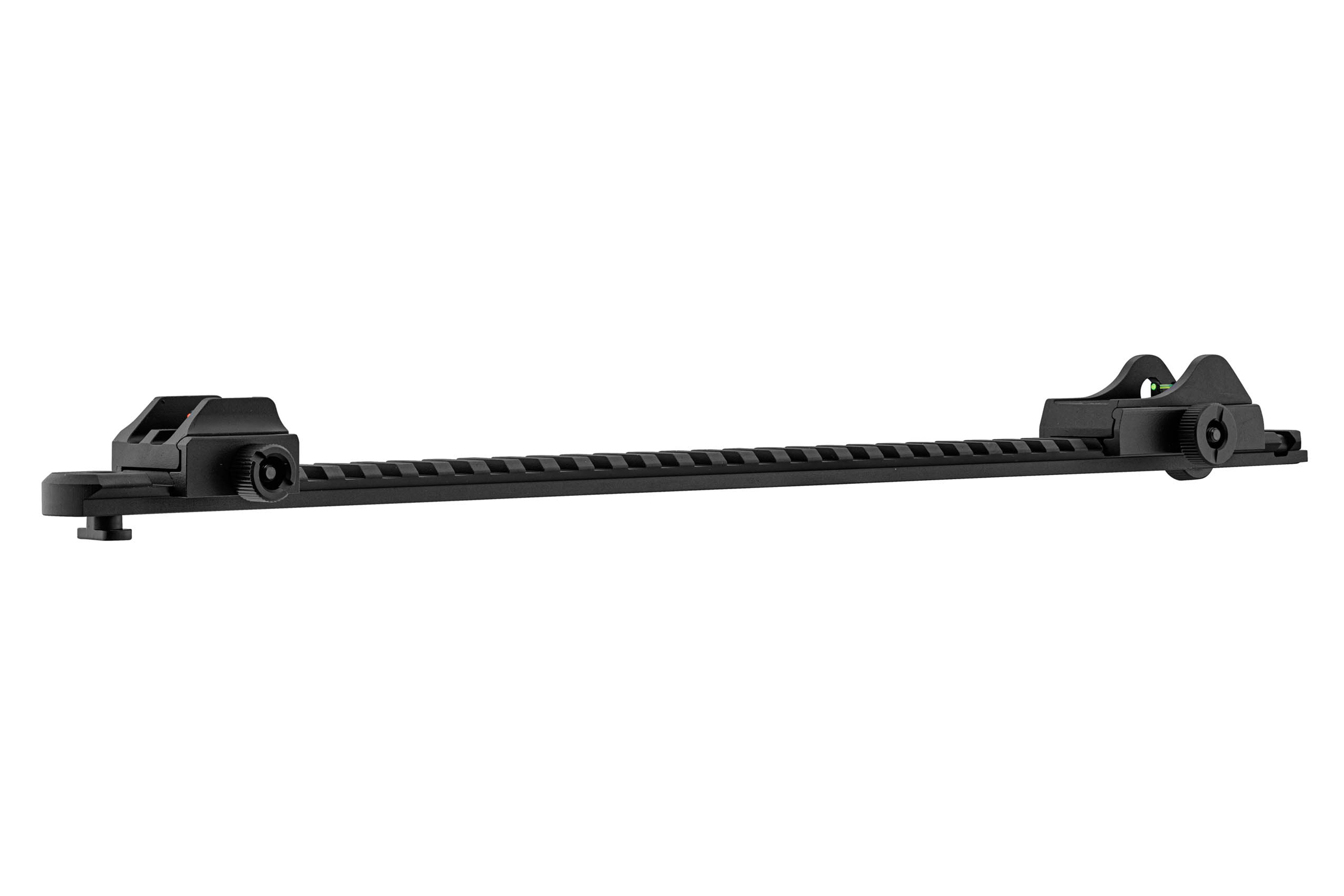 Schwarze Picatinny-Schienenhalterung aus Metall mit verstellbaren Glasfaservisieren vorne und hinten für die Montage von Luftgewehren.