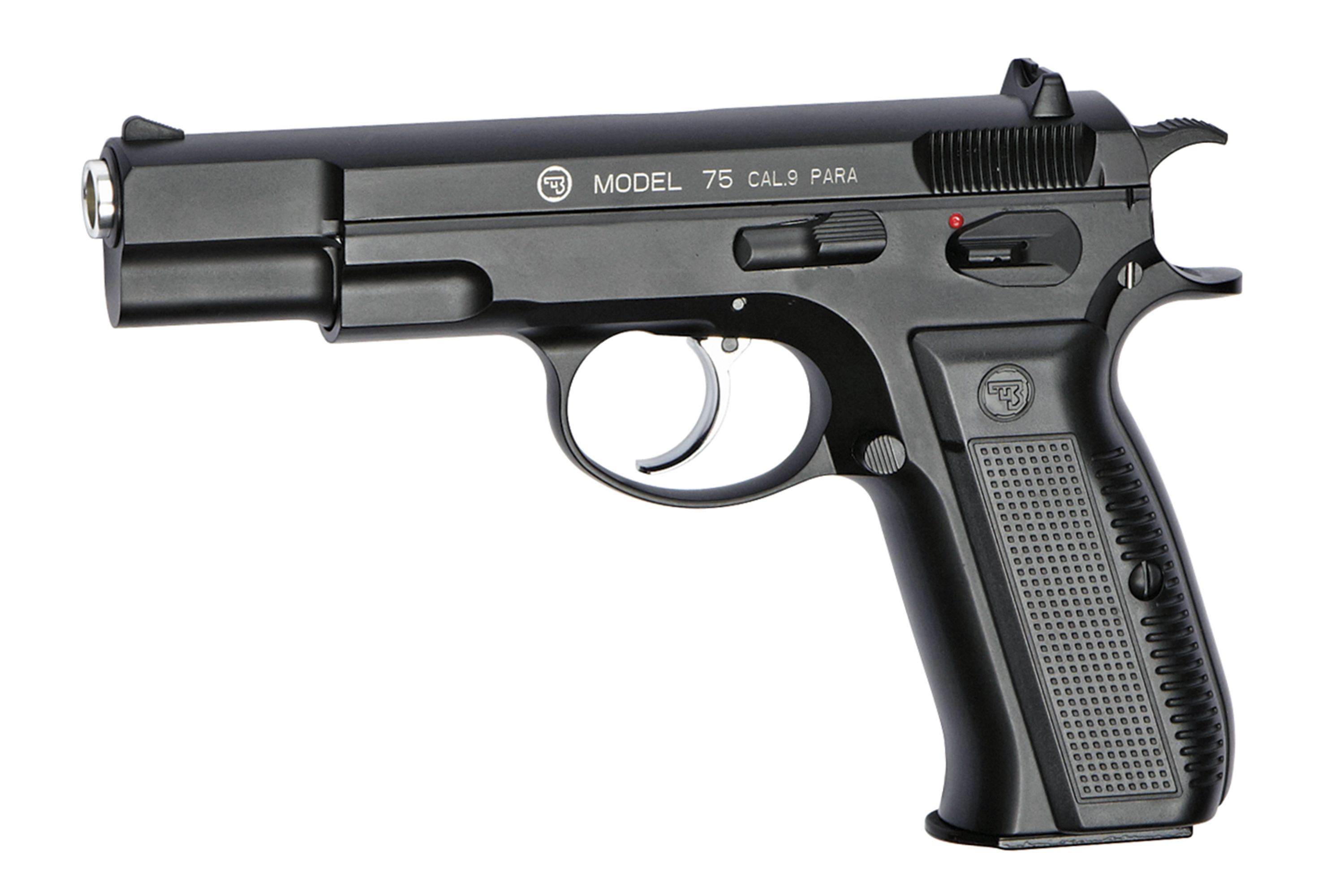 Luftpistole CZ 75 in schwarzer Ausführung, mit strukturiertem Griff und Sicherheitsmechanismen, ideal für Enthusiasten.