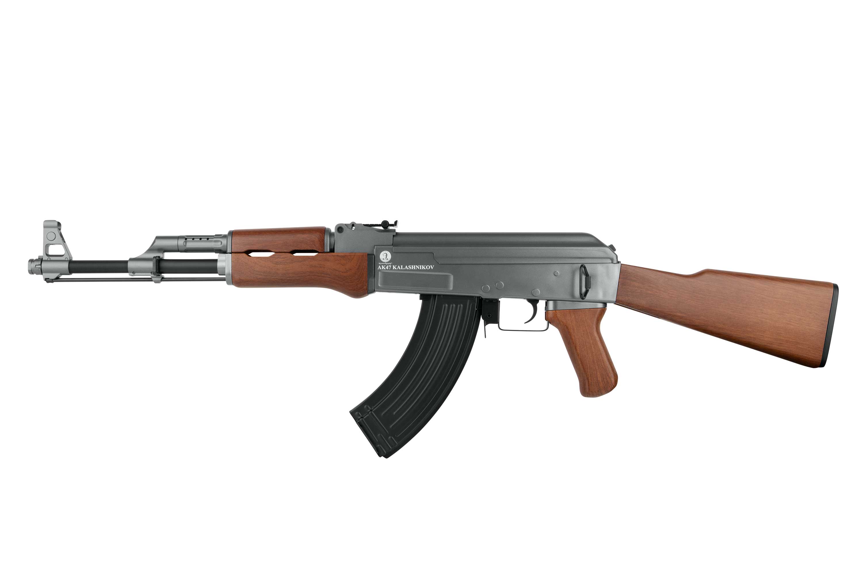 Kalaschnikow AK47-Luftgewehr mit realistischem Schaft, Griff, Handschutz und schwarzem Metalllauf in Holzoptik auf weißem Hintergrund.