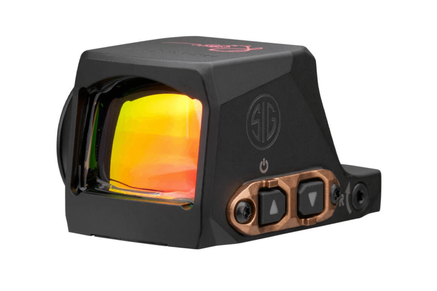 SIG Sauer ROMEO1 PRO Reflexvisier mit mehrfarbiger Linse und einstellbaren Bedienelementen für verbesserte Zielgenauigkeit.