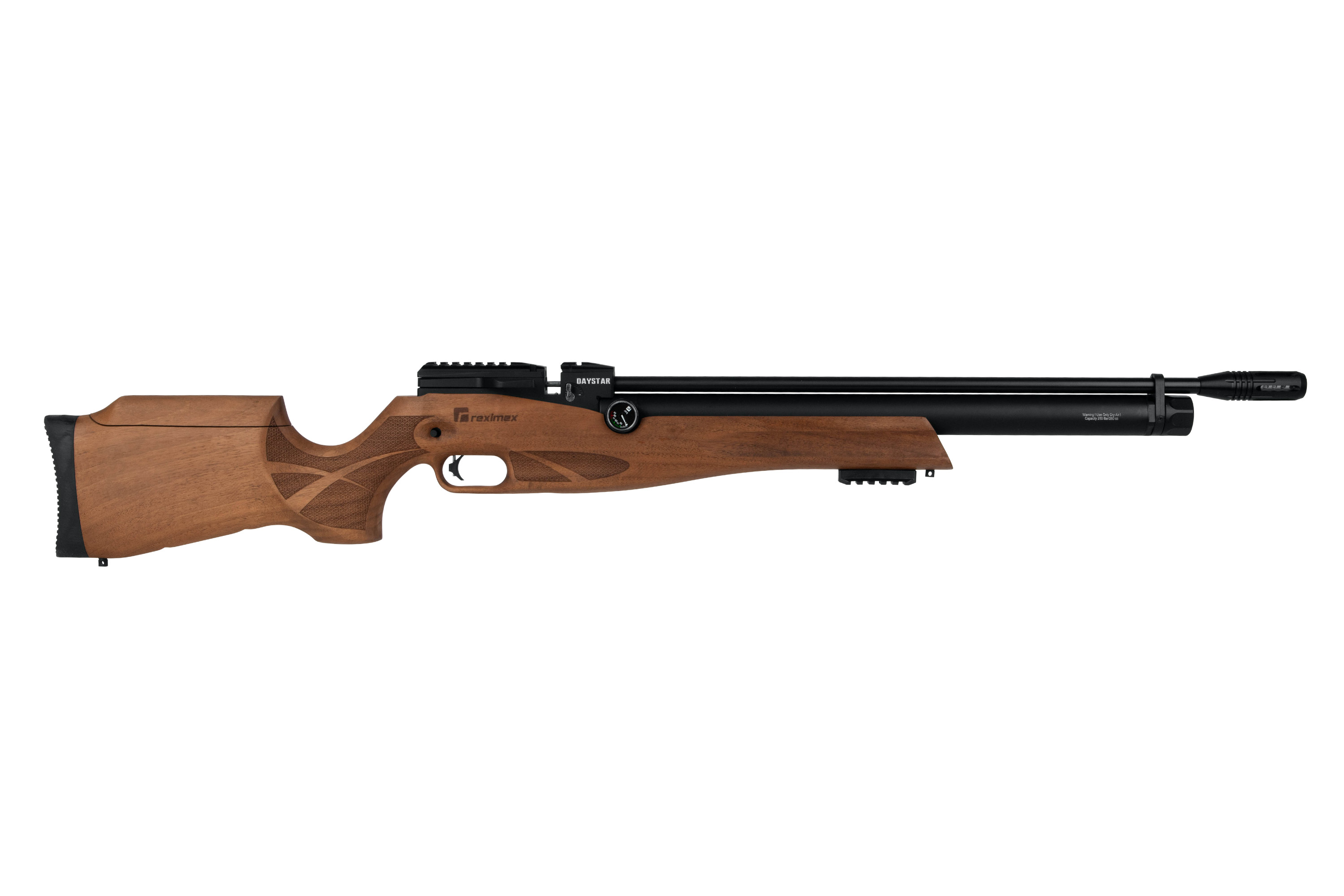 Reximex-Luftgewehr mit Holzschaft, schwarzem Lauf und integrierter Schiene für die Optik.