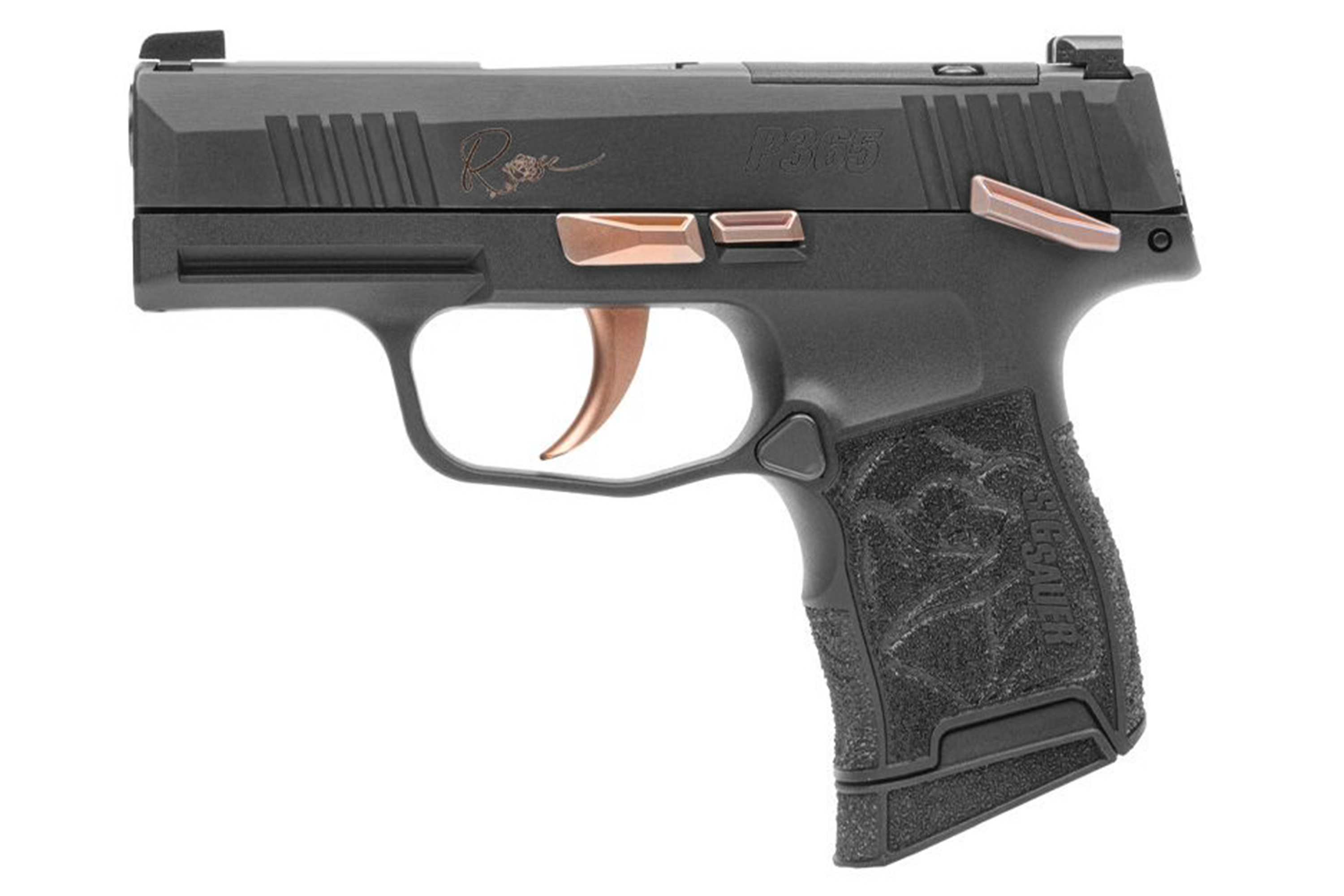 Sig Sauer P365 Luftpistole mit schwarzem Finish und roségoldenen Akzenten, ideal für Schusswaffenliebhaber.