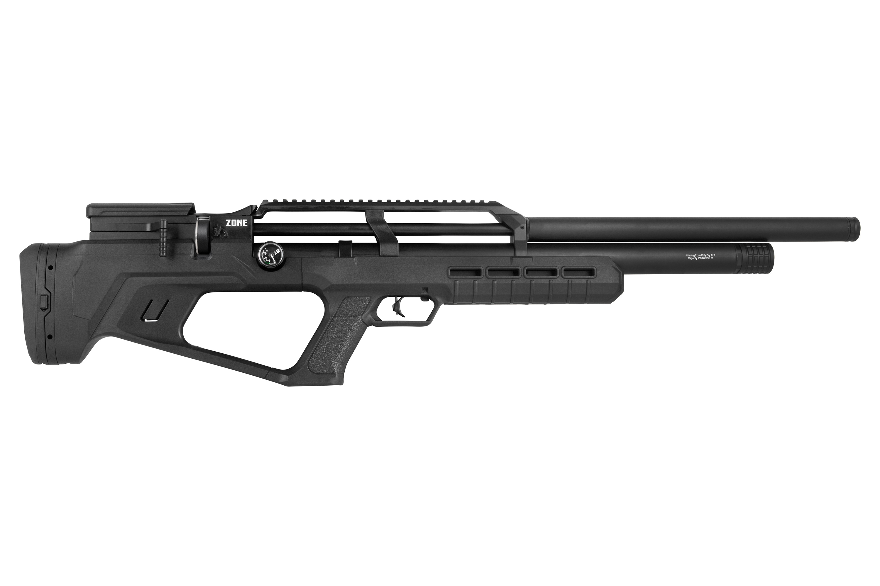 Schwarzes Luftgewehr mit ergonomischem Schaft, verstellbaren Funktionen und integrierter Schiene für die Optik.